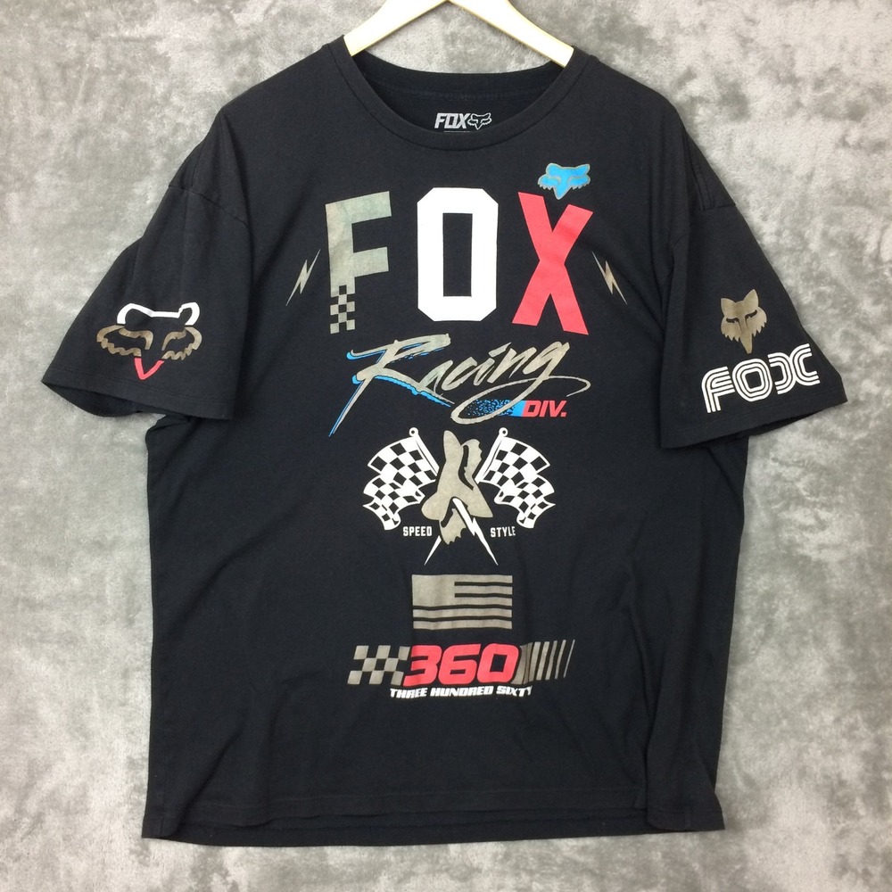 Fox Racing Graphic TShirt Mens 2XL Black White Motocross Checkered Flag Fox Head